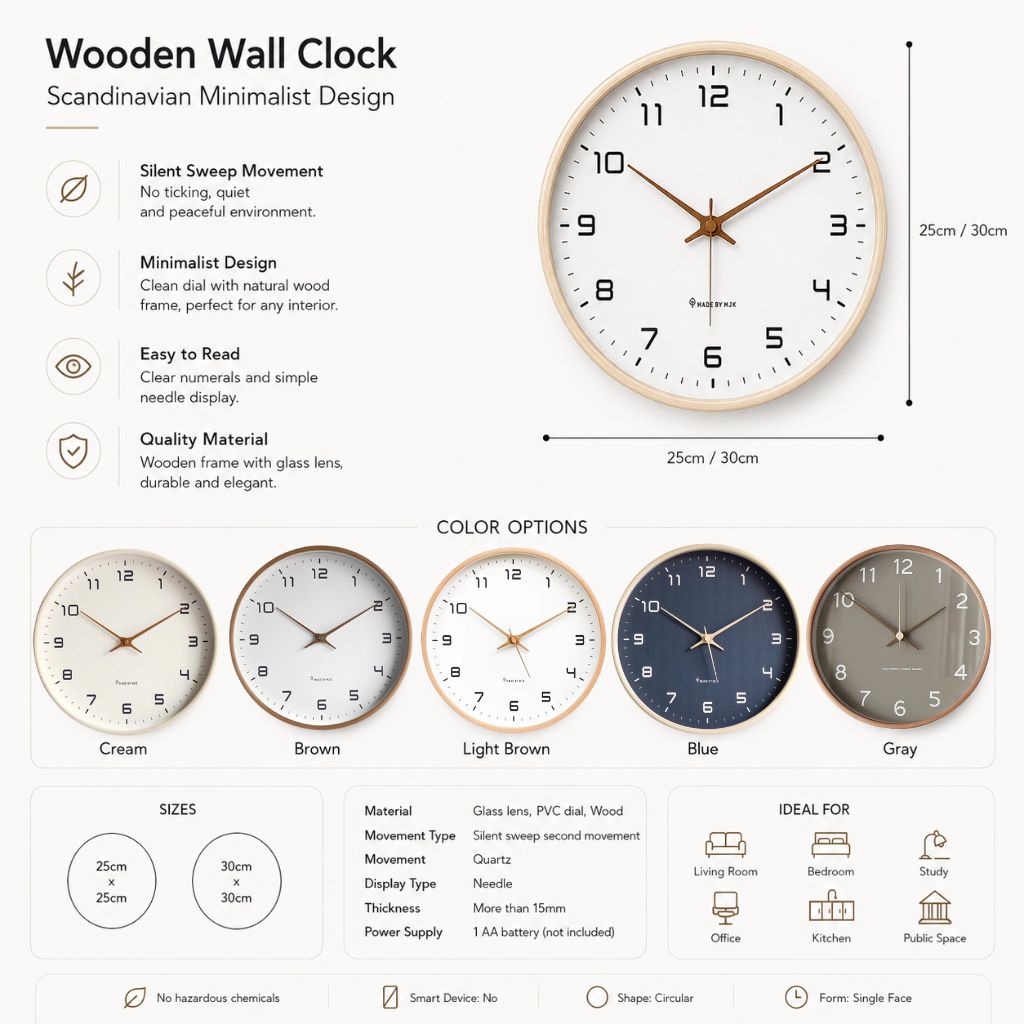 Wooden Wall Clock Scandinavian Minimalist Design - Tegulane Global