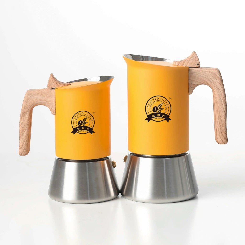 Yellow Induction Moka Pot Coffee Maker - Stainless Steel Nordic Design with Wooden Handle - Tegulane Global
