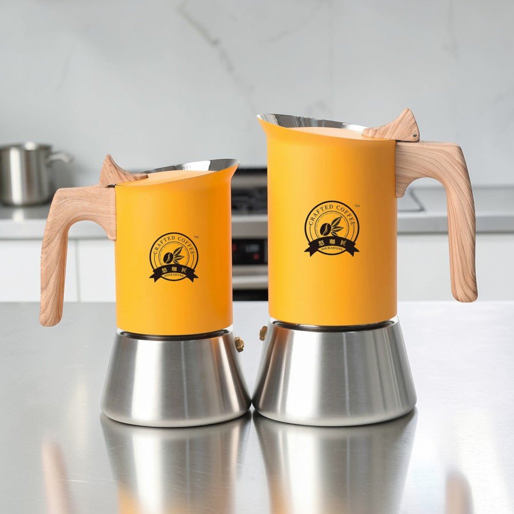Yellow Induction Moka Pot Coffee Maker - Stainless Steel Nordic Design with Wooden Handle - Tegulane Global