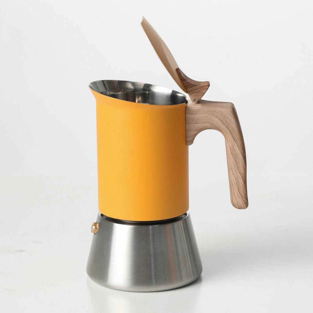 Yellow Induction Moka Pot Coffee Maker - Stainless Steel Nordic Design with Wooden Handle - Tegulane Global