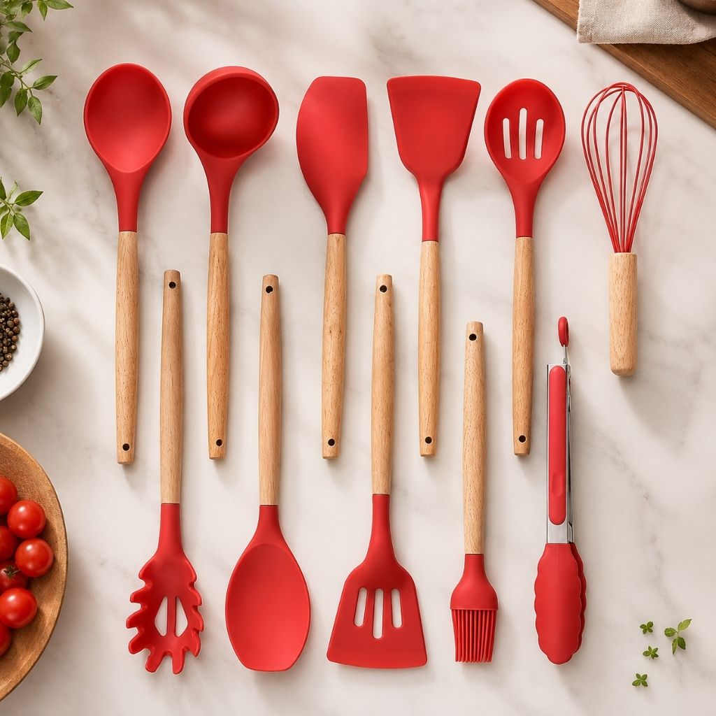 11-Piece Silicone Cooking Utensil Set with Wooden Handles