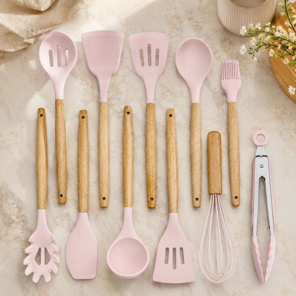 11-Piece Silicone Cooking Utensil Set with Wooden Handles