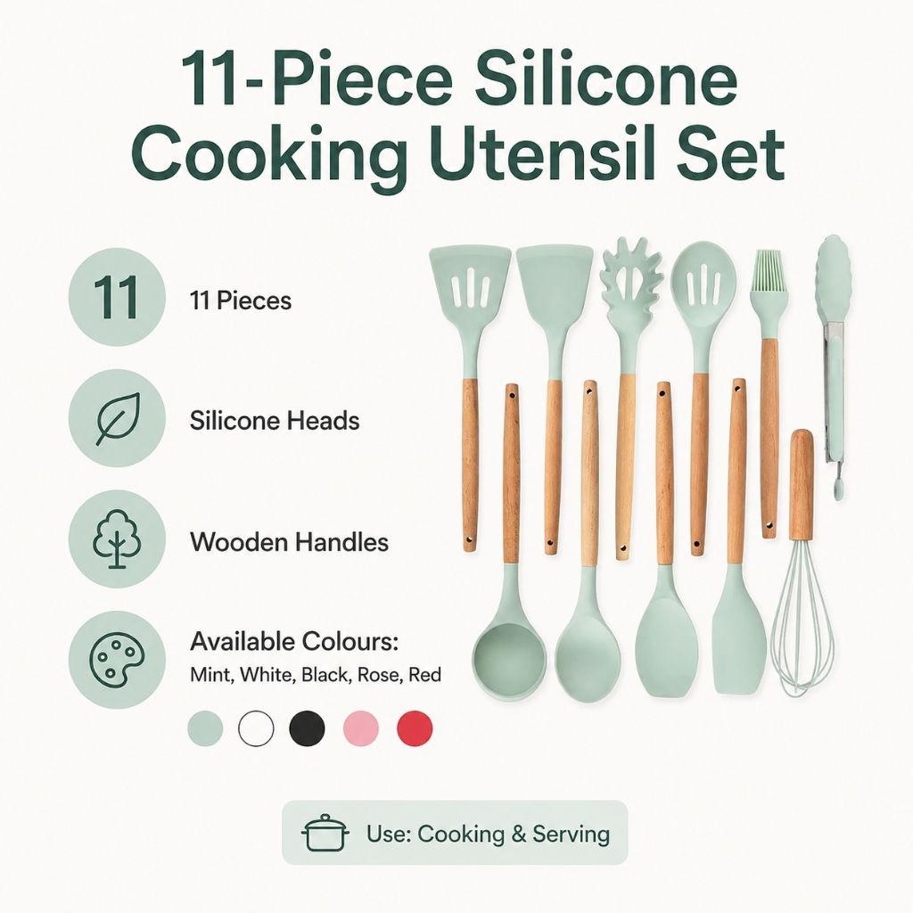 11-Piece Silicone Cooking Utensil Set with Wooden Handles