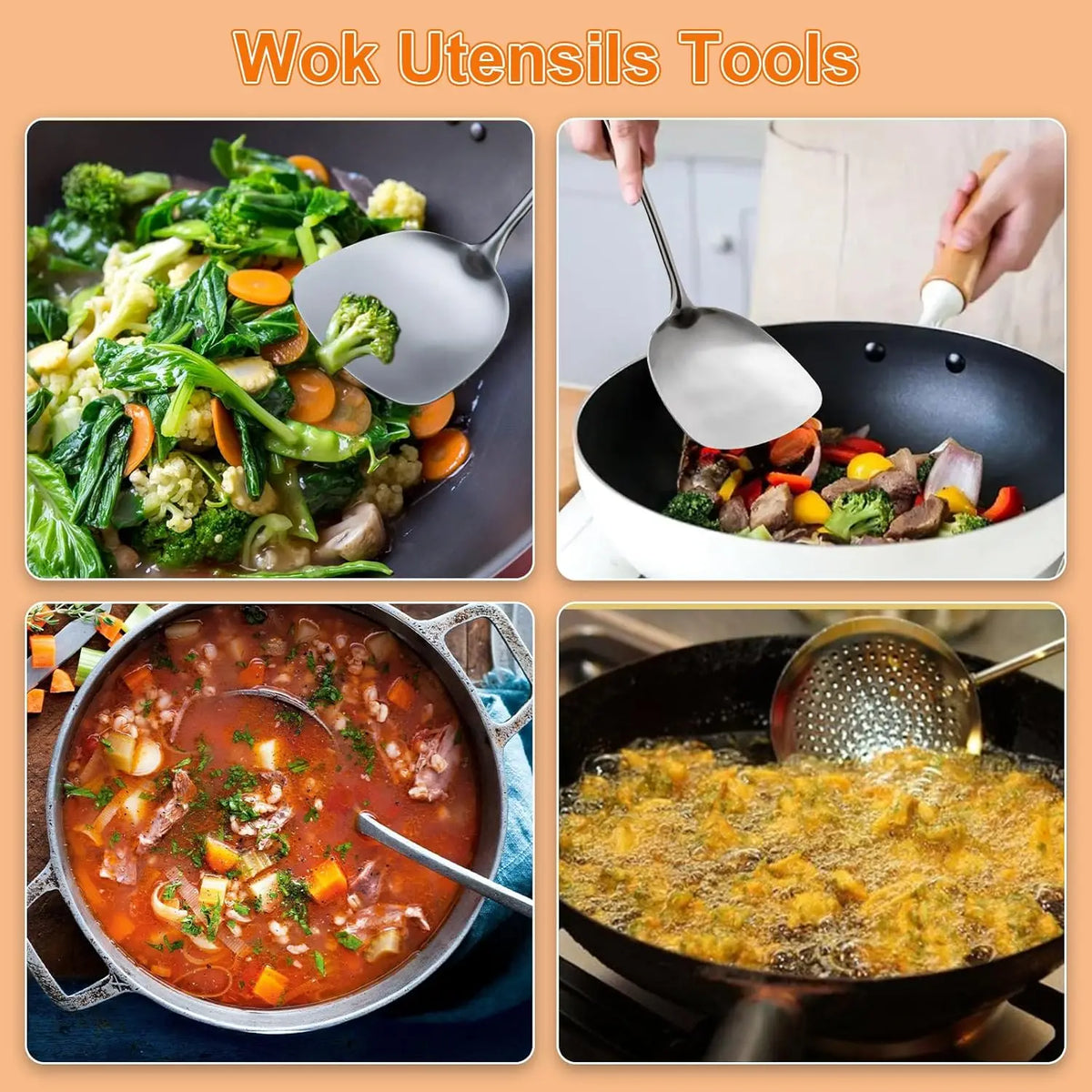 Wok Spatula and Ladle, Skimmer Spoon, Slotted Turner Spatula Set, Stainless Steel Kitchen Utensils Sets, with Wooden Handle - Tegulane Global