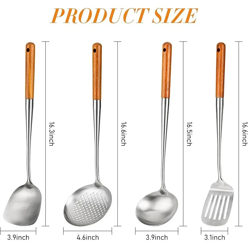 Wok Spatula and Ladle, Skimmer Spoon, Slotted Turner Spatula Set, Stainless Steel Kitchen Utensils Sets, with Wooden Handle - Tegulane Global
