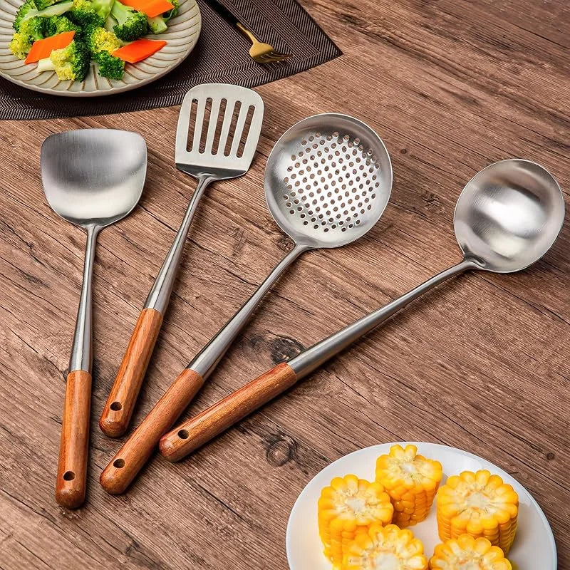 Wok Spatula and Ladle, Skimmer Spoon, Slotted Turner Spatula Set, Stainless Steel Kitchen Utensils Sets, with Wooden Handle - Tegulane Global