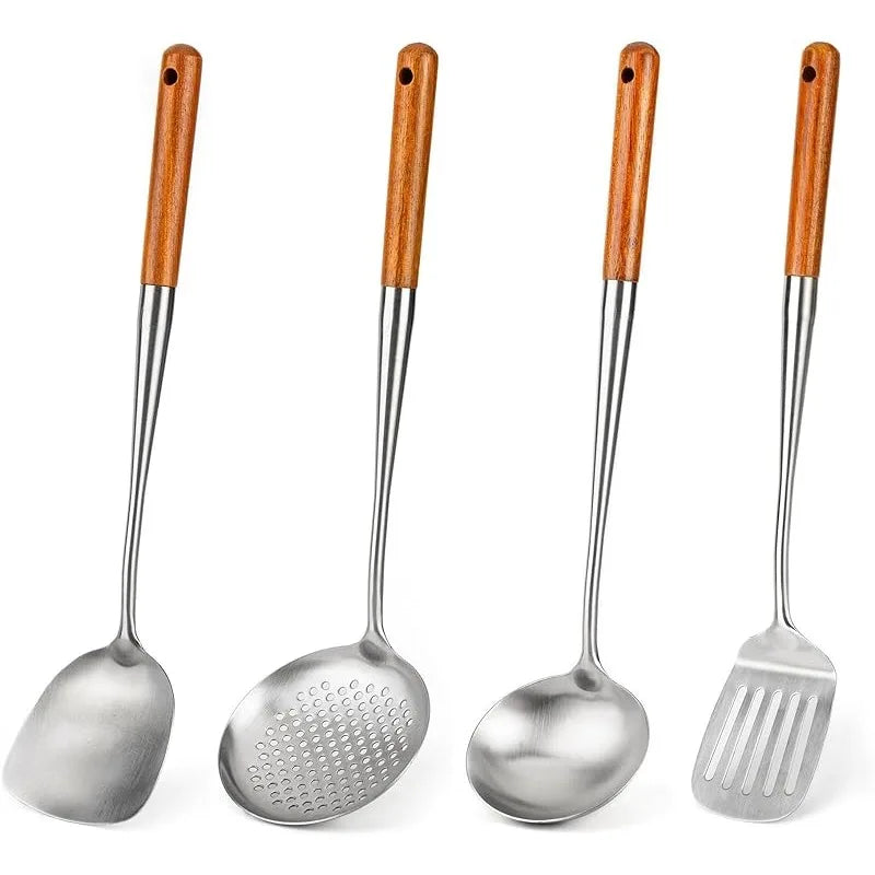 Wok Spatula and Ladle, Skimmer Spoon, Slotted Turner Spatula Set, Stainless Steel Kitchen Utensils Sets, with Wooden Handle - Tegulane Global