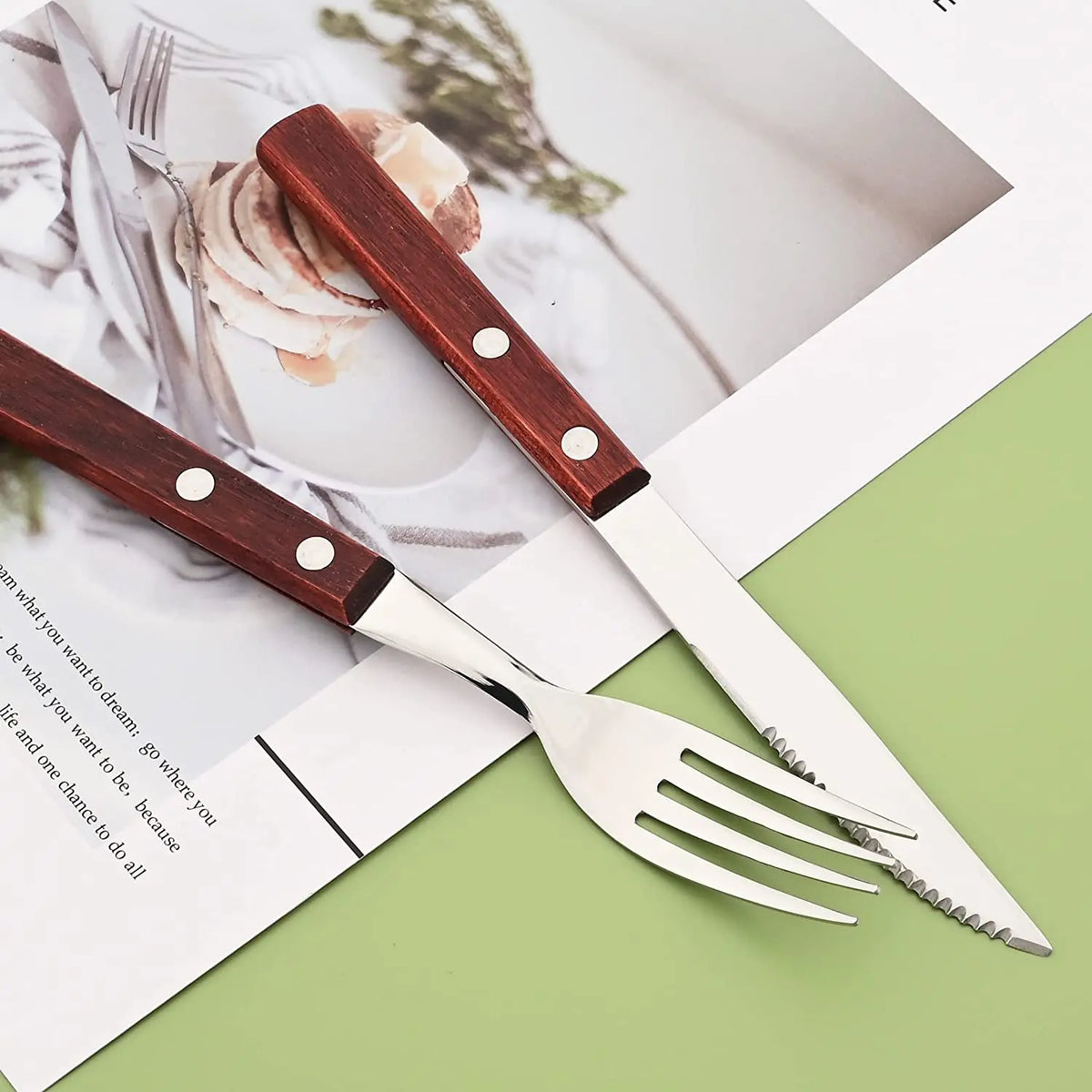 4Pcs Wooden Handle Cutlery Set Mirror 304 Stainless Steel Dinnerware Wood Handle Spoon Knife Fork Dinner Tableware Set Kitchen - Tegulane Global