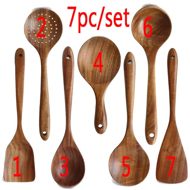1-10 PC Wooden Cooking Spoons Smooth Teak Wooden Cooking Utensils Non-Stick Wooden Cooking Utensils – Wooden Spoons Set - Tegulane Global