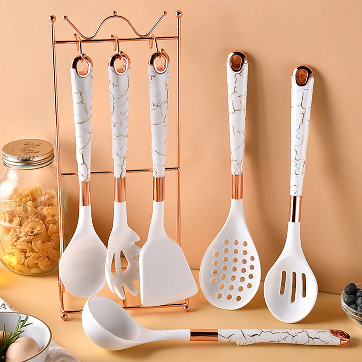 8pcs Silicone Kitchenware Set Pot Shovel Soup Spoon Spaghetti Claw Cooking Set with Storage Rack Household Kitchen Tools Set - Tegulane Global