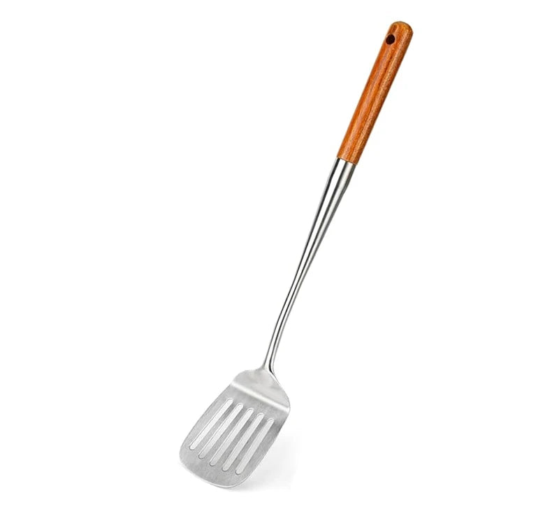Wok Spatula and Ladle, Skimmer Spoon, Slotted Turner Spatula Set, Stainless Steel Kitchen Utensils Sets, with Wooden Handle - Tegulane Global