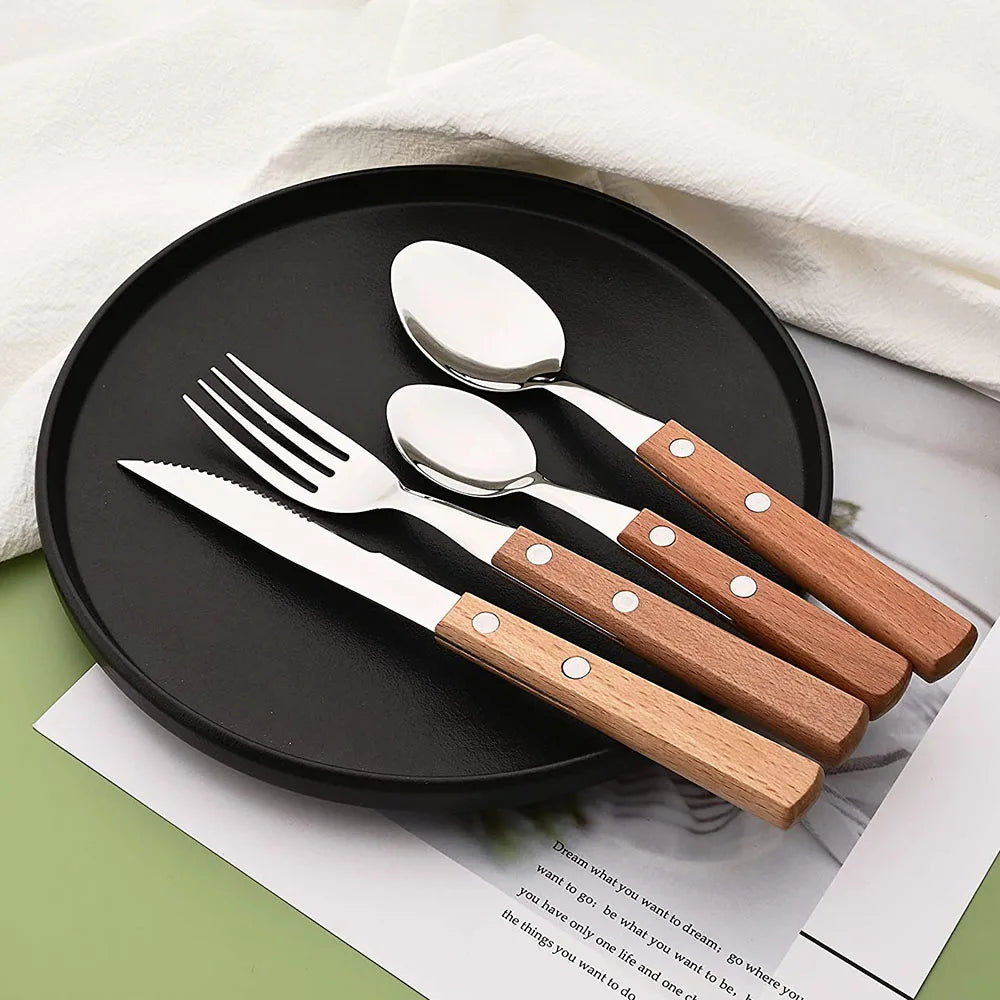 4Pcs Wooden Handle Cutlery Set Mirror 304 Stainless Steel Dinnerware Wood Handle Spoon Knife Fork Dinner Tableware Set Kitchen - Tegulane Global