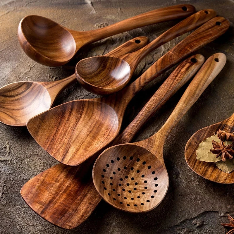 1-10 PC Wooden Cooking Spoons Smooth Teak Wooden Cooking Utensils Non-Stick Wooden Cooking Utensils – Wooden Spoons Set - Tegulane Global