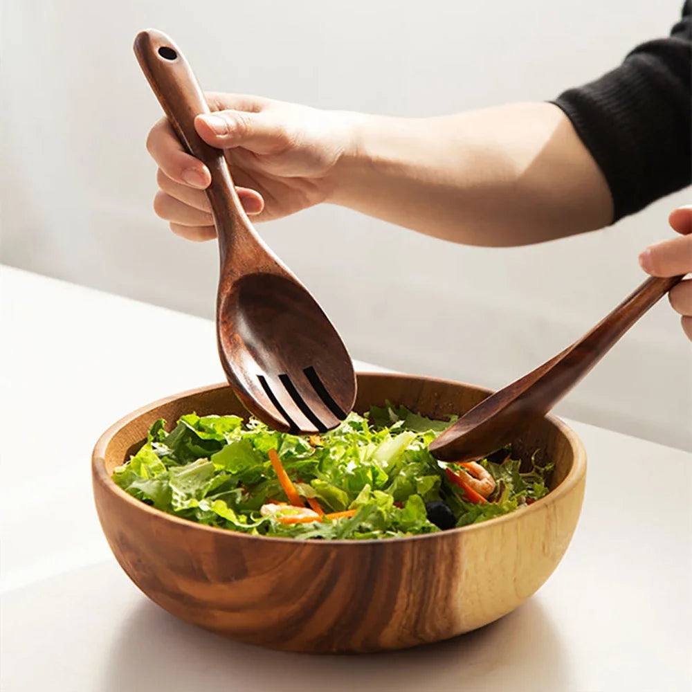 2Pcs Wooden Large Spoon Fork Cutlery Set Japanese Style Long Handle Serving Salad Scoop Dinnerware Set Tableware Kitchen Utensil - Tegulane Global
