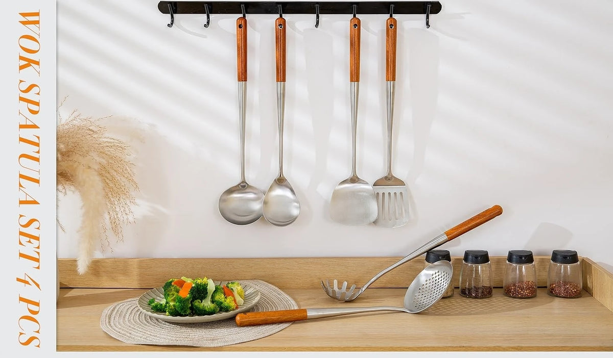 Wok Spatula and Ladle, Skimmer Spoon, Slotted Turner Spatula Set, Stainless Steel Kitchen Utensils Sets, with Wooden Handle - Tegulane Global