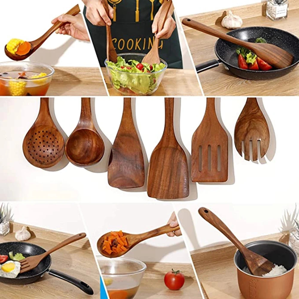 1-10 PC Wooden Cooking Spoons Smooth Teak Wooden Cooking Utensils Non-Stick Wooden Cooking Utensils – Wooden Spoons Set - Tegulane Global
