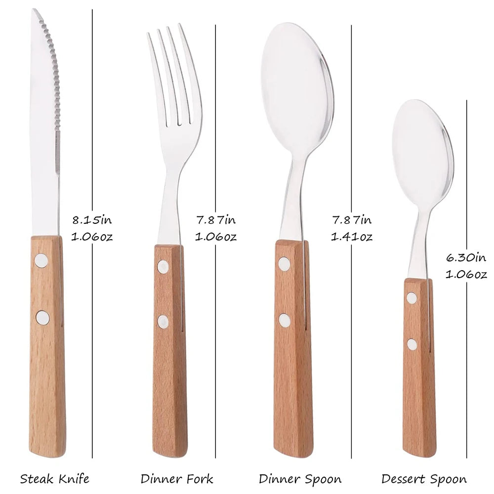 4Pcs Wooden Handle Cutlery Set Mirror 304 Stainless Steel Dinnerware Wood Handle Spoon Knife Fork Dinner Tableware Set Kitchen - Tegulane Global