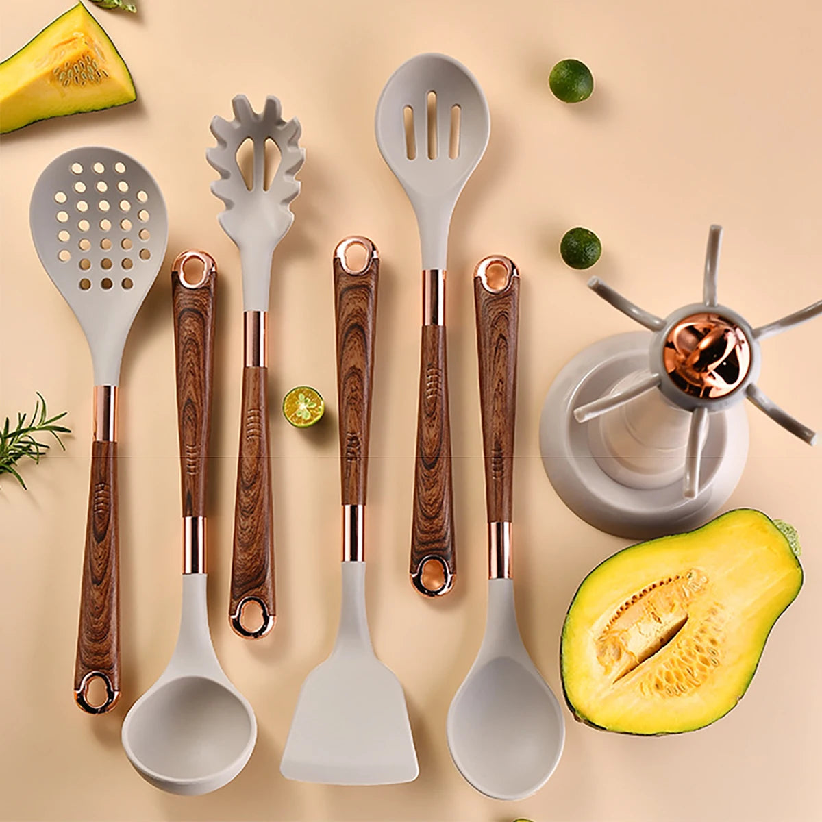 8pcs Silicone Kitchenware Set Pot Shovel Soup Spoon Spaghetti Claw Cooking Set with Storage Rack Household Kitchen Tools Set - Tegulane Global