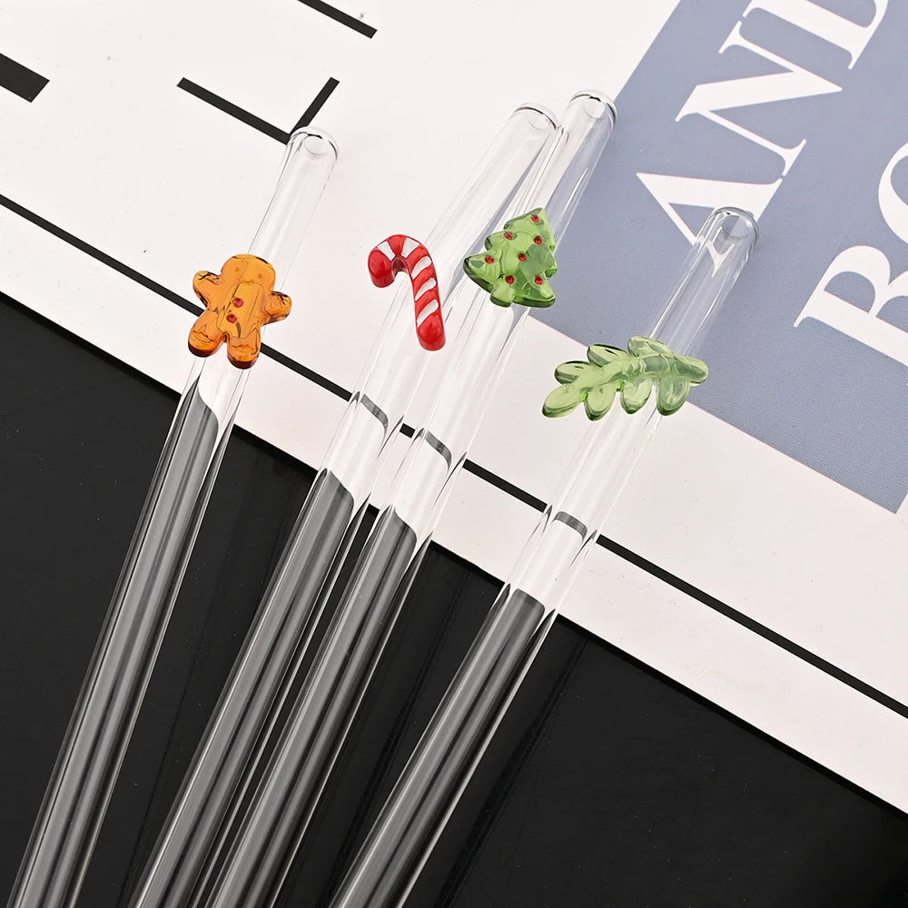 8Pcs Christmas Glass Straw Milk Tea Juice Cocktail Straw with Brush High Borosilicate Glass Straw Set Kitchen Bar Accessories - Tegulane Global