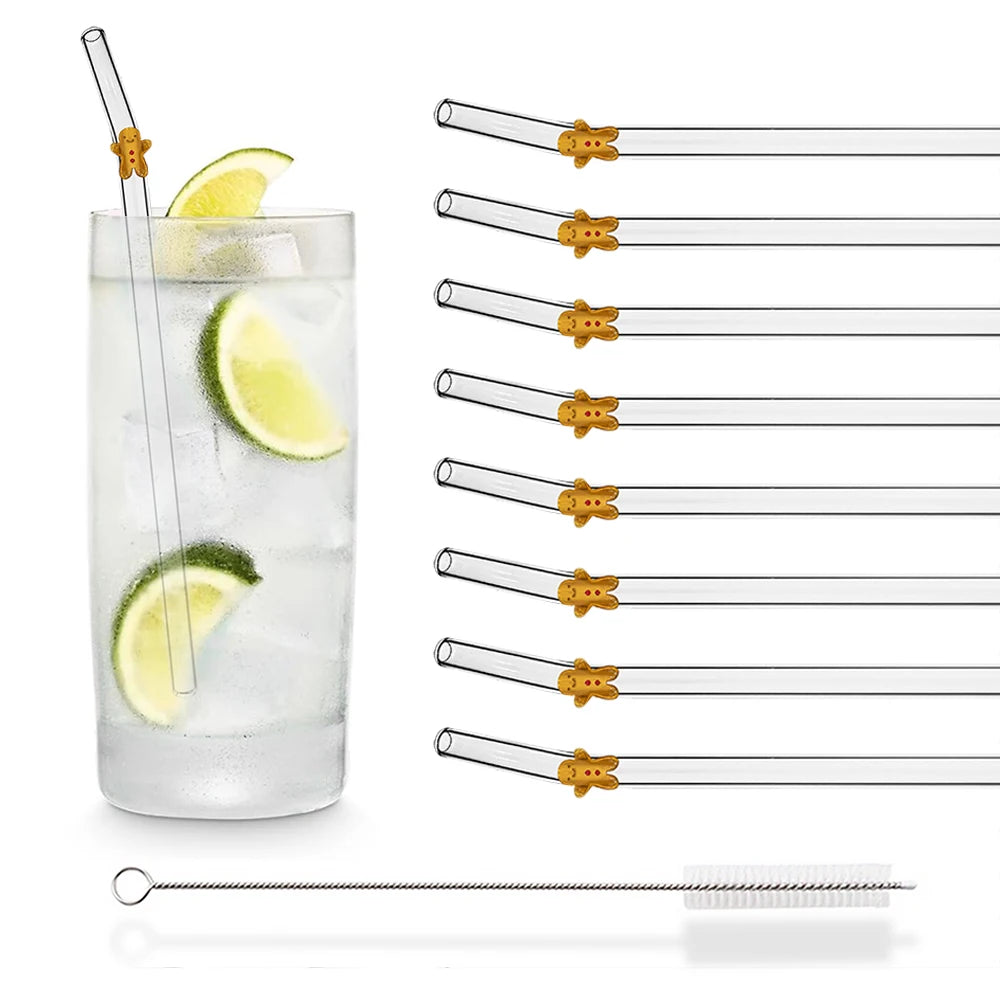 8Pcs Christmas Glass Straw Milk Tea Juice Cocktail Straw with Brush High Borosilicate Glass Straw Set Kitchen Bar Accessories - Tegulane Global