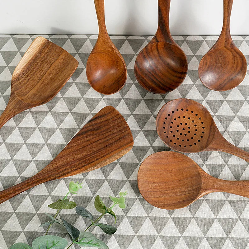 1-10 PC Wooden Cooking Spoons Smooth Teak Wooden Cooking Utensils Non-Stick Wooden Cooking Utensils – Wooden Spoons Set - Tegulane Global