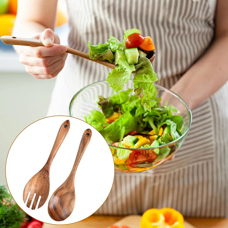 2Pcs Wooden Salad Servers Spoon Fork Set Salad Spoon and Fork Kit Long Handle Serving Salad Scoop Tableware Kitchen Utensil - Tegulane Global