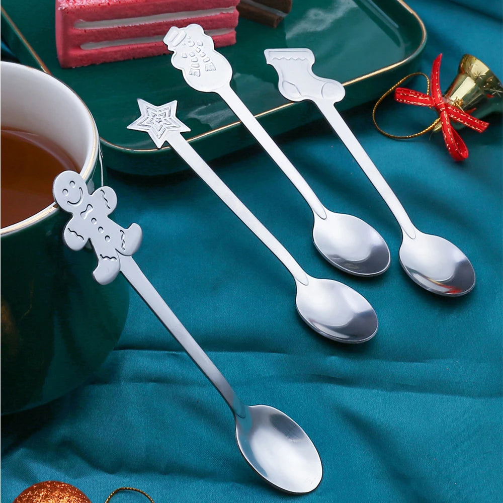 4PCS Christmas Gift Decoration Dessert Spoons Snowman Christmas Stocking Cutlery Spoon Christmas Gift Box Gingerbread Spoon - Tegulane Global
