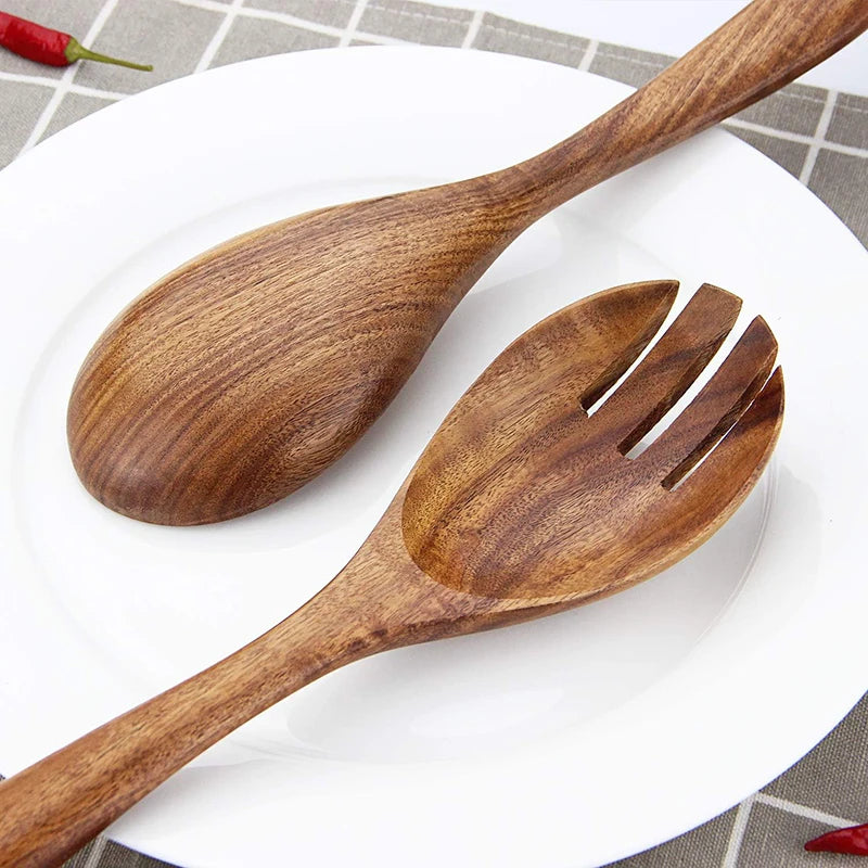 2Pcs Wooden Salad Servers Spoon Fork Set Salad Spoon and Fork Kit Long Handle Serving Salad Scoop Tableware Kitchen Utensil - Tegulane Global