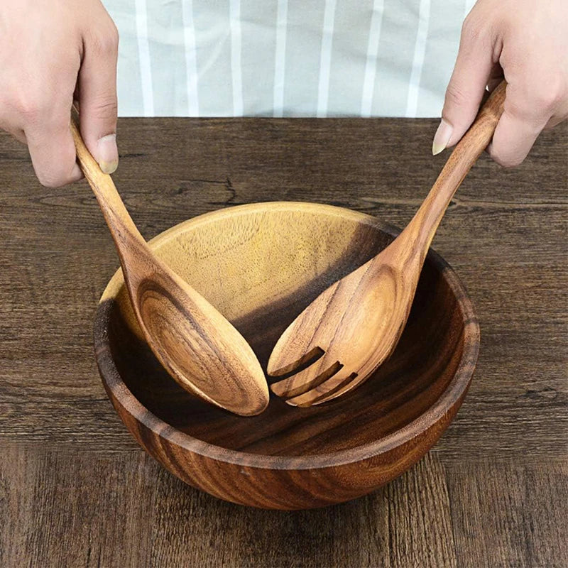 2Pcs Wooden Salad Servers Spoon Fork Set Salad Spoon and Fork Kit Long Handle Serving Salad Scoop Tableware Kitchen Utensil - Tegulane Global