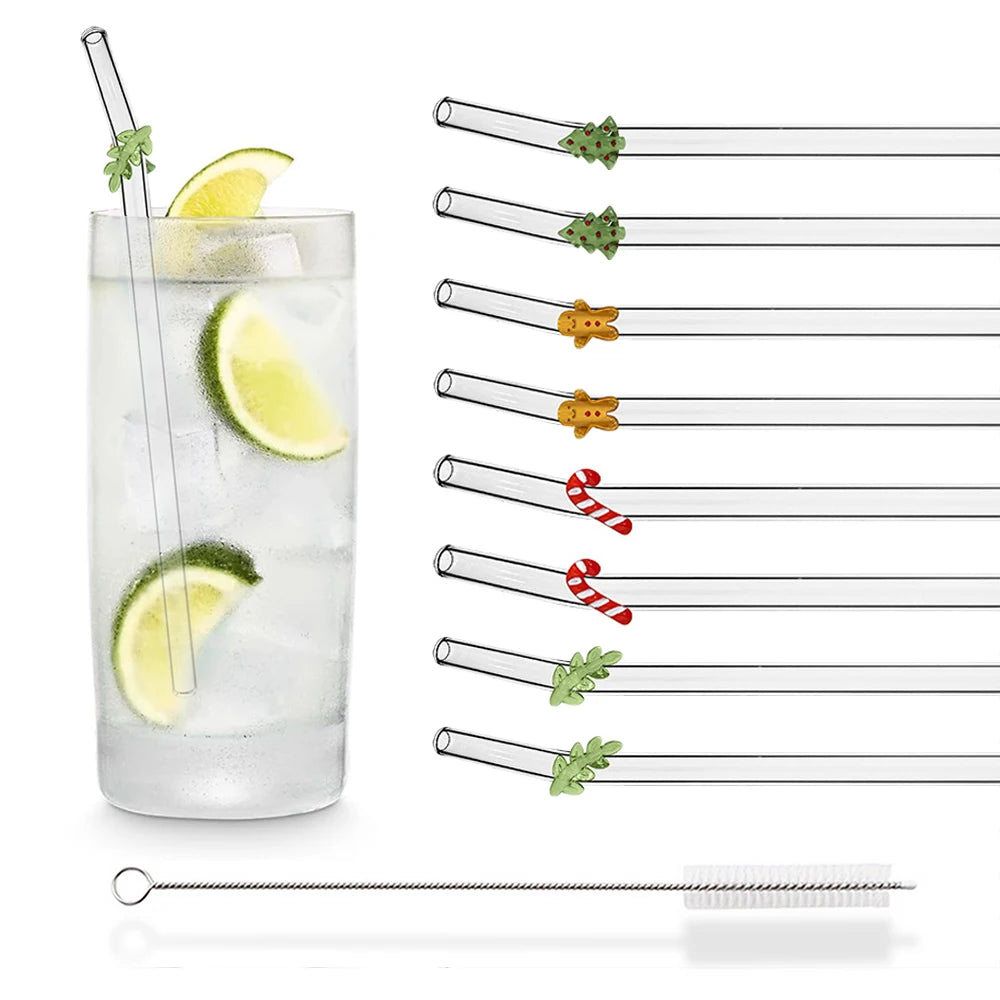 8Pcs Christmas Glass Straw Milk Tea Juice Cocktail Straw with Brush High Borosilicate Glass Straw Set Kitchen Bar Accessories - Tegulane Global