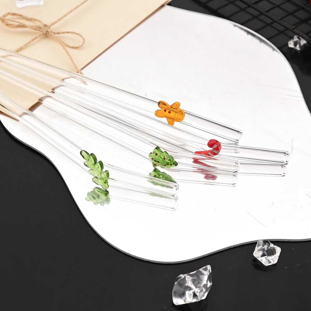 8Pcs Christmas Glass Straw Milk Tea Juice Cocktail Straw with Brush High Borosilicate Glass Straw Set Kitchen Bar Accessories - Tegulane Global