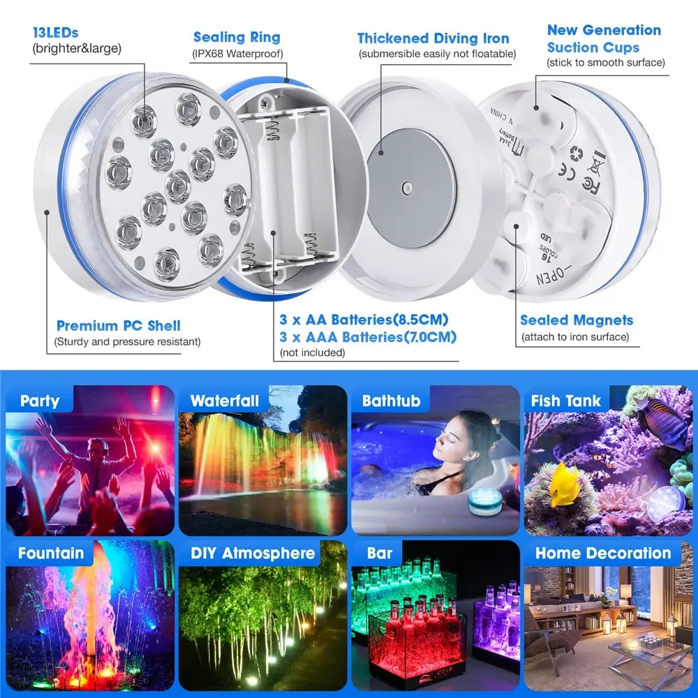 Updated Submersible 13LED Underwater Light with Remote Control Underwater Pool Light IP68 Bright Lamp RGB for Pond/Pool/Aquarium - Tegulane Global