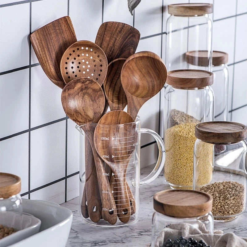 1-10 PC Wooden Cooking Spoons Smooth Teak Wooden Cooking Utensils Non-Stick Wooden Cooking Utensils – Wooden Spoons Set - Tegulane Global