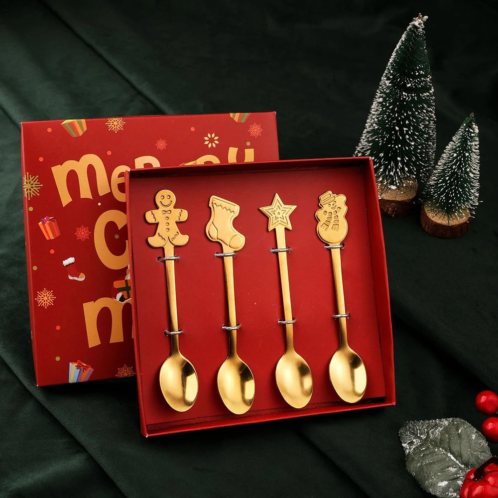4PCS Christmas Gift Decoration Dessert Spoons Snowman Christmas Stocking Cutlery Spoon Christmas Gift Box Gingerbread Spoon - Tegulane Global