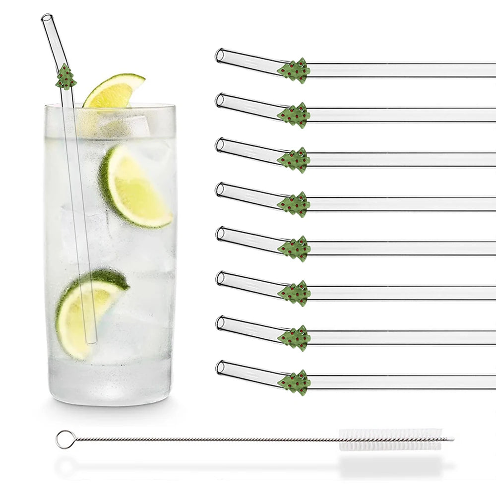 8Pcs Christmas Glass Straw Milk Tea Juice Cocktail Straw with Brush High Borosilicate Glass Straw Set Kitchen Bar Accessories - Tegulane Global