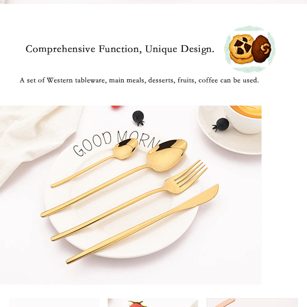 4Pcs Western Dinnerware Set Black 304 Stainless Steel Cutlery Kitchen Dinner Knife Fork Spoon Tableware Flatware Dishwasher Safe - Tegulane Global