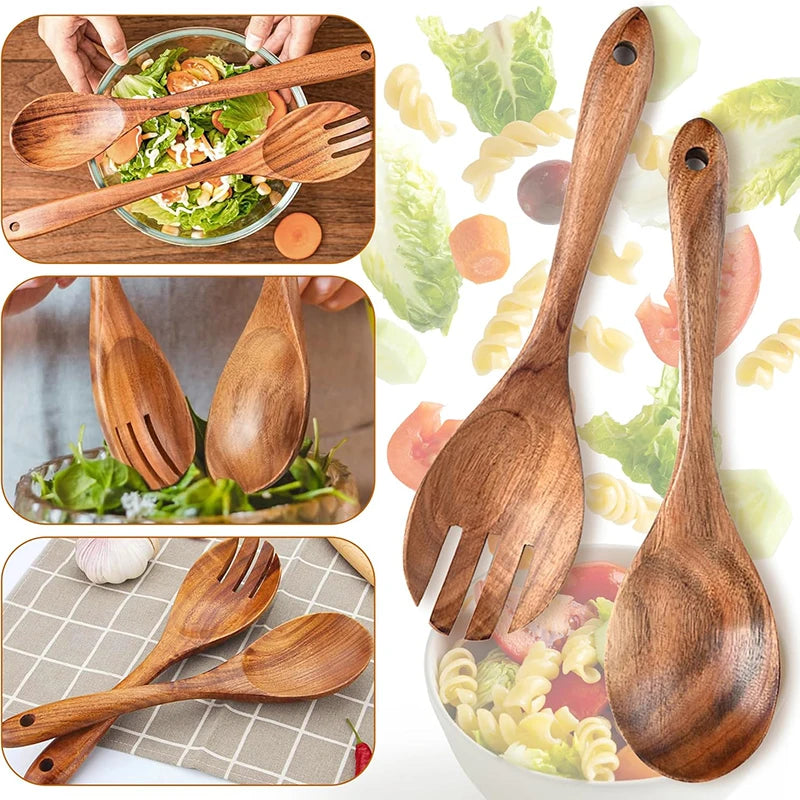 2Pcs Wooden Salad Servers Spoon Fork Set Salad Spoon and Fork Kit Long Handle Serving Salad Scoop Tableware Kitchen Utensil - Tegulane Global