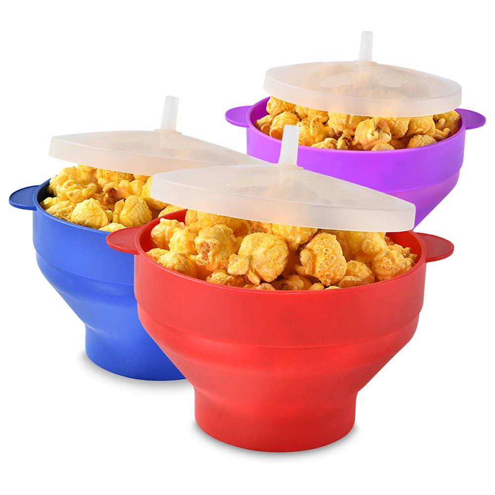 1/3Pcs Microwave Popcorn Bowl Bucket Silicone DIY Red Popcorn Maker with Lid Chips Fruit Dish High Quality Kitchen Easy Tools - Tegulane Global