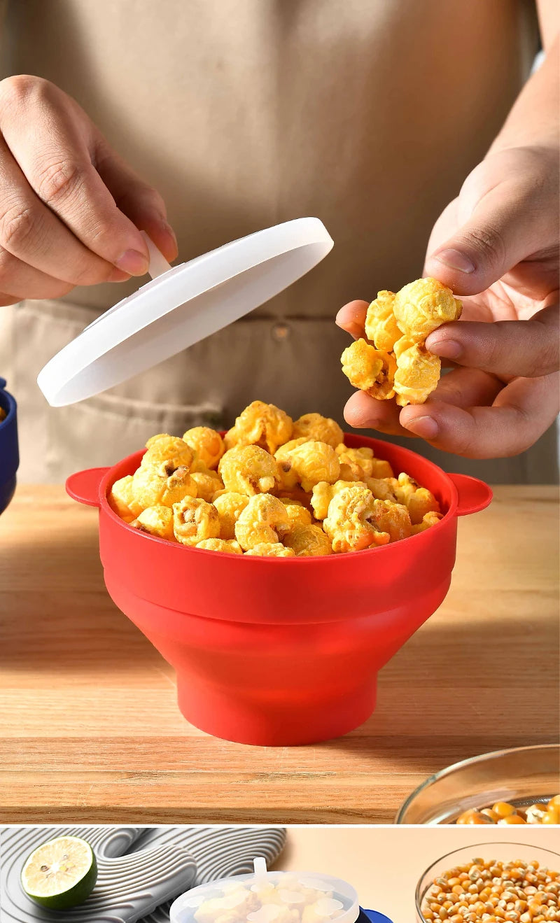 1/3Pcs Microwave Popcorn Bowl Bucket Silicone DIY Red Popcorn Maker with Lid Chips Fruit Dish High Quality Kitchen Easy Tools - Tegulane Global