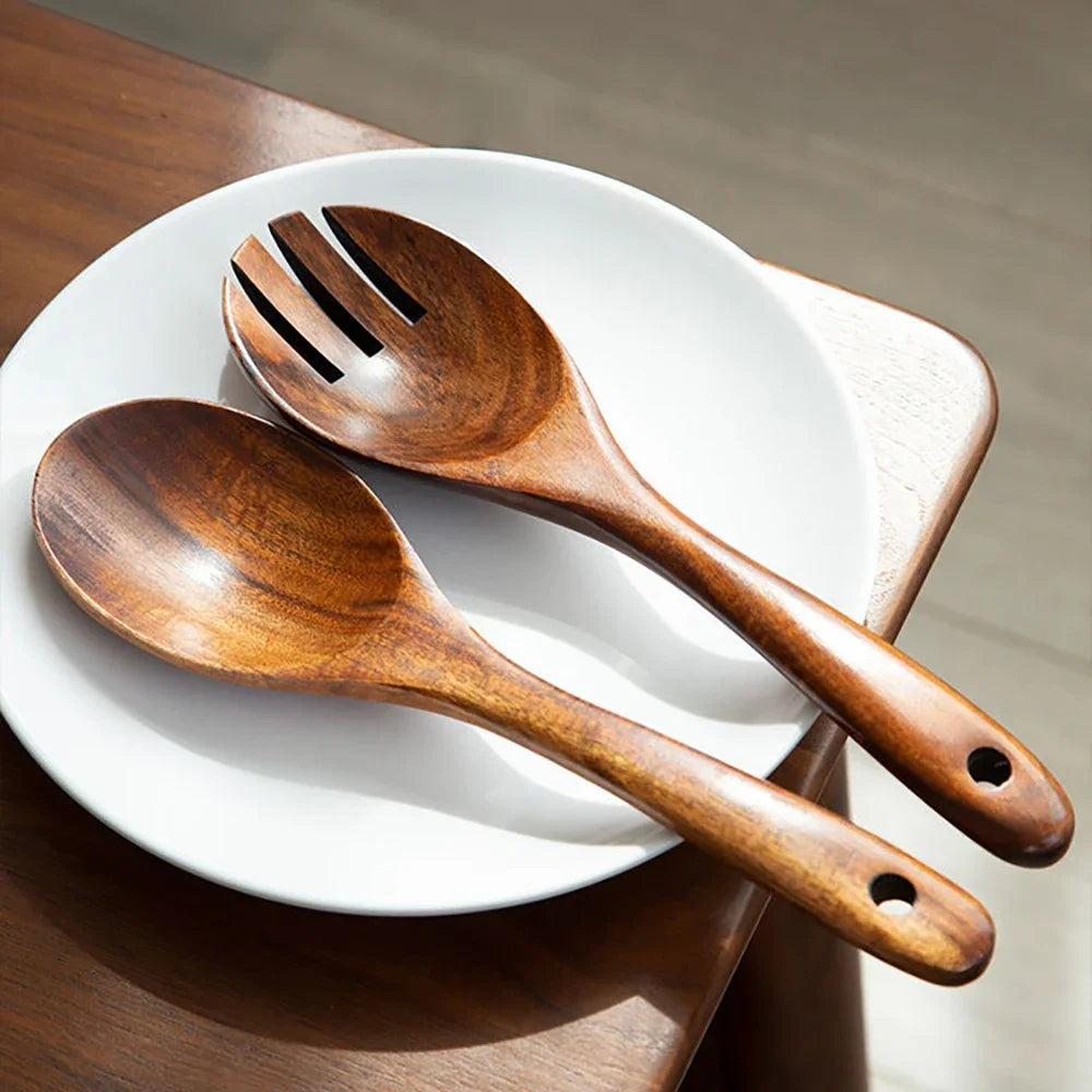 2Pcs Wooden Large Spoon Fork Cutlery Set Japanese Style Long Handle Serving Salad Scoop Dinnerware Set Tableware Kitchen Utensil - Tegulane Global