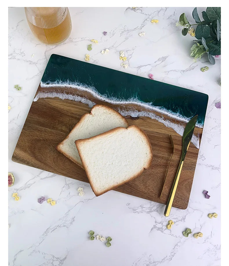 Acacia Wood Cutting Board Resin Blue Wave Pattern for Kitchen Acacia Wood Epoxy Resin Cutting Board Cheese Board Challah Board - Tegulane Global