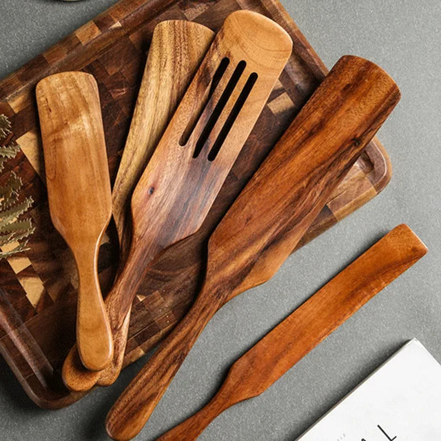 1-10 PC Wooden Cooking Spoons Smooth Teak Wooden Cooking Utensils Non-Stick Wooden Cooking Utensils – Wooden Spoons Set - Tegulane Global