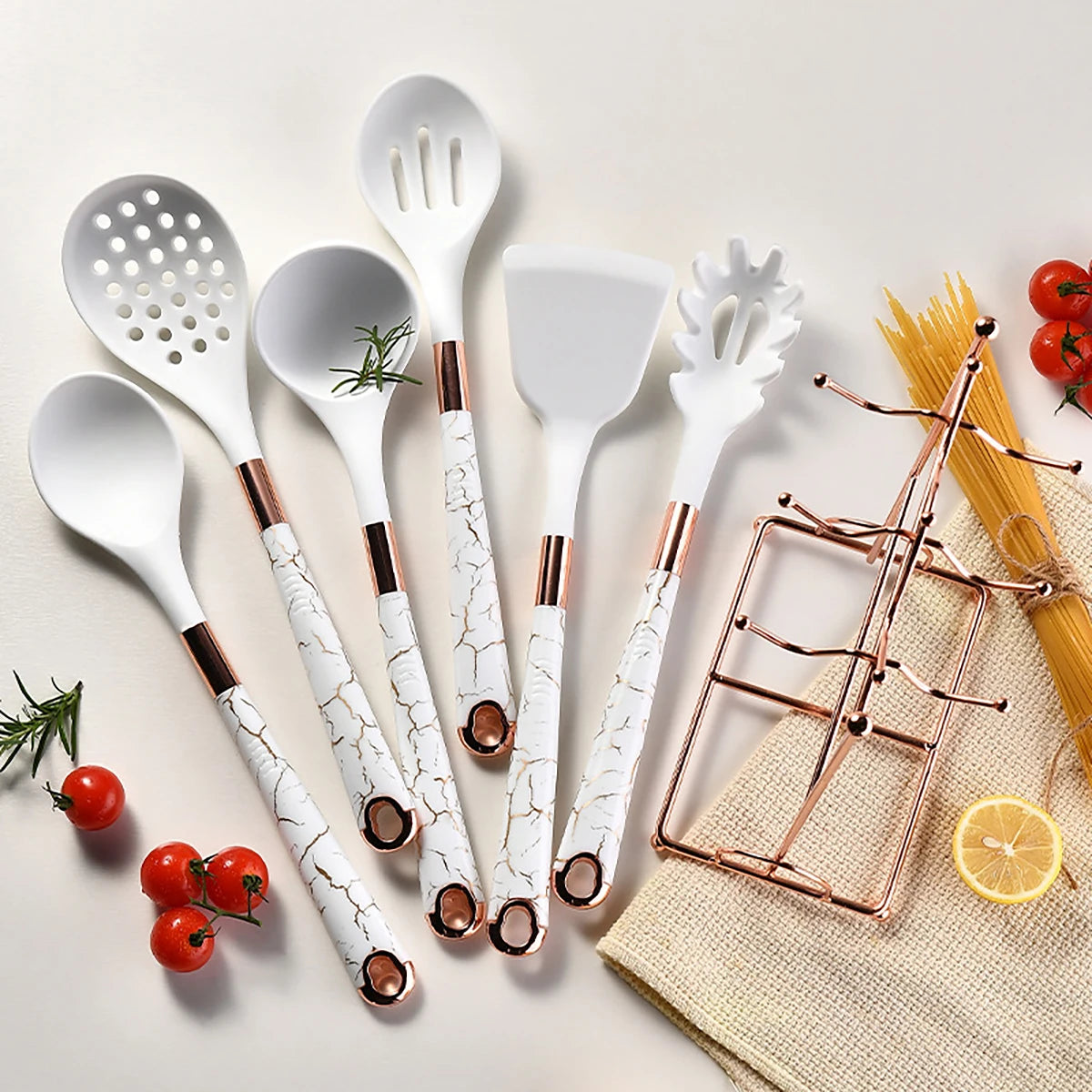 8pcs Silicone Kitchenware Set Pot Shovel Soup Spoon Spaghetti Claw Cooking Set with Storage Rack Household Kitchen Tools Set - Tegulane Global