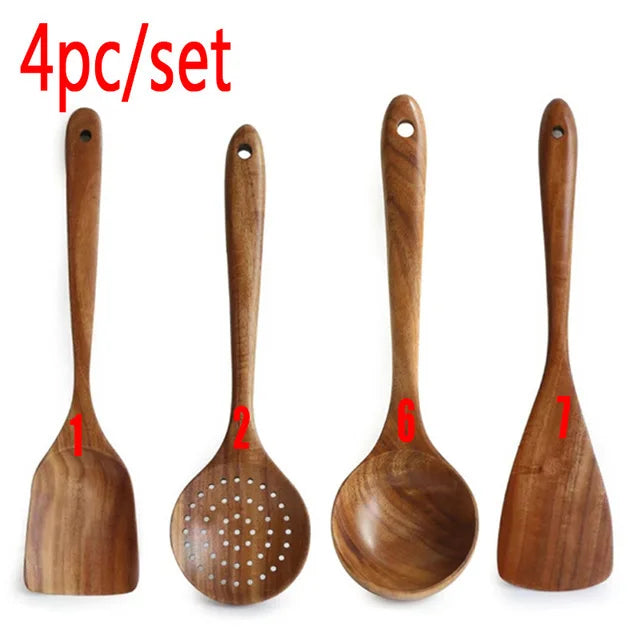 1-10 PC Wooden Cooking Spoons Smooth Teak Wooden Cooking Utensils Non-Stick Wooden Cooking Utensils – Wooden Spoons Set - Tegulane Global