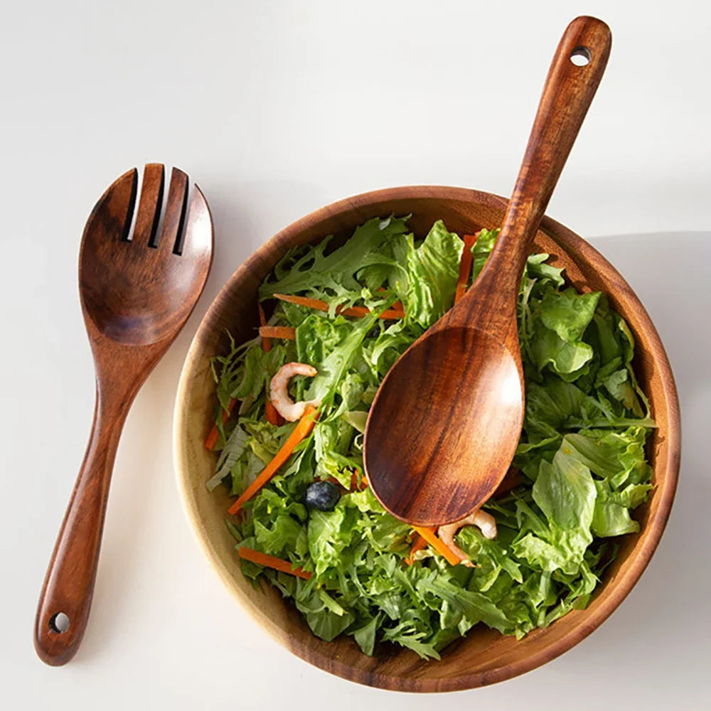 2Pcs Wooden Large Spoon Fork Cutlery Set Japanese Style Long Handle Serving Salad Scoop Dinnerware Set Tableware Kitchen Utensil - Tegulane Global