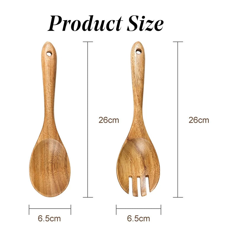 2Pcs Wooden Salad Servers Spoon Fork Set Salad Spoon and Fork Kit Long Handle Serving Salad Scoop Tableware Kitchen Utensil - Tegulane Global