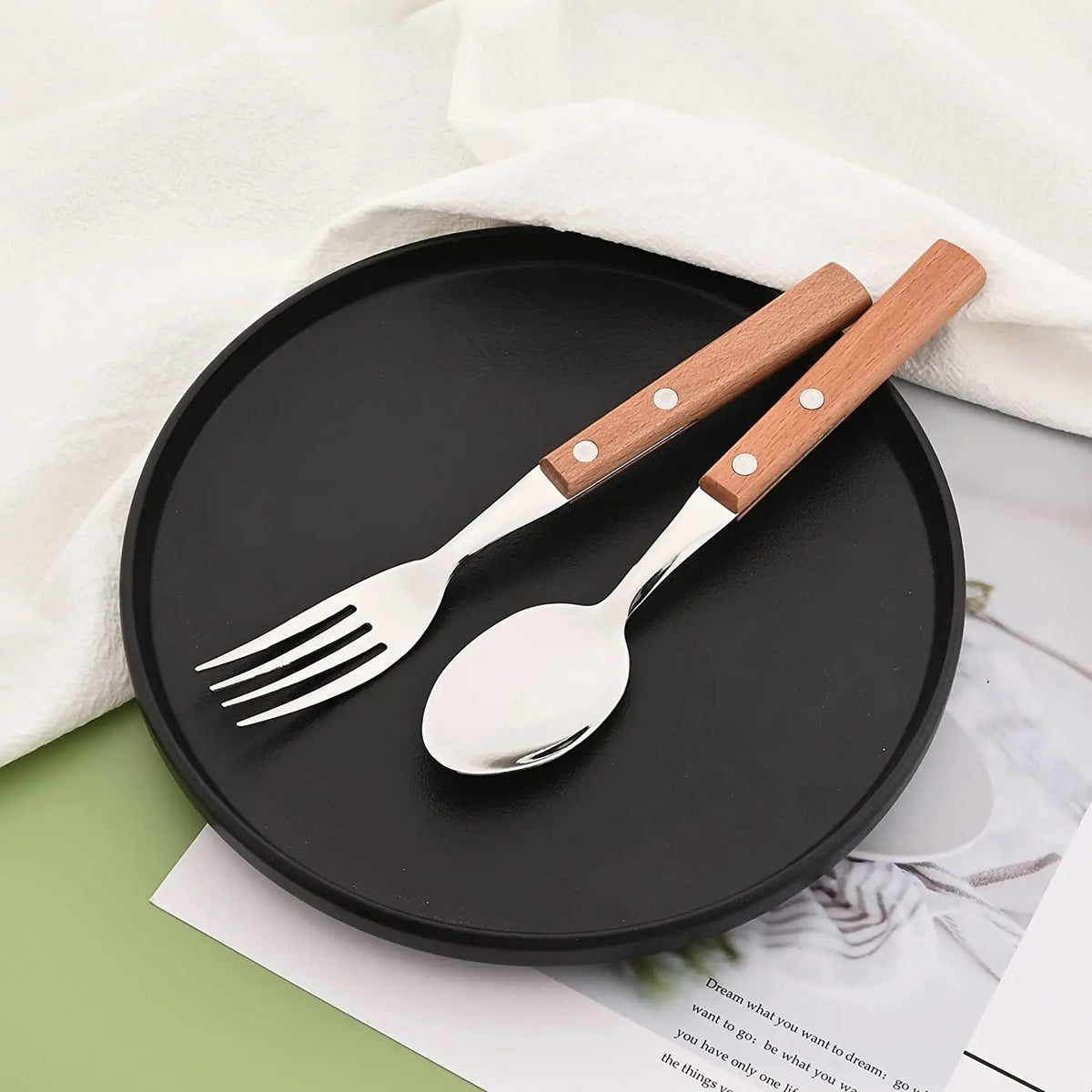 4Pcs Wooden Handle Cutlery Set Mirror 304 Stainless Steel Dinnerware Wood Handle Spoon Knife Fork Dinner Tableware Set Kitchen - Tegulane Global