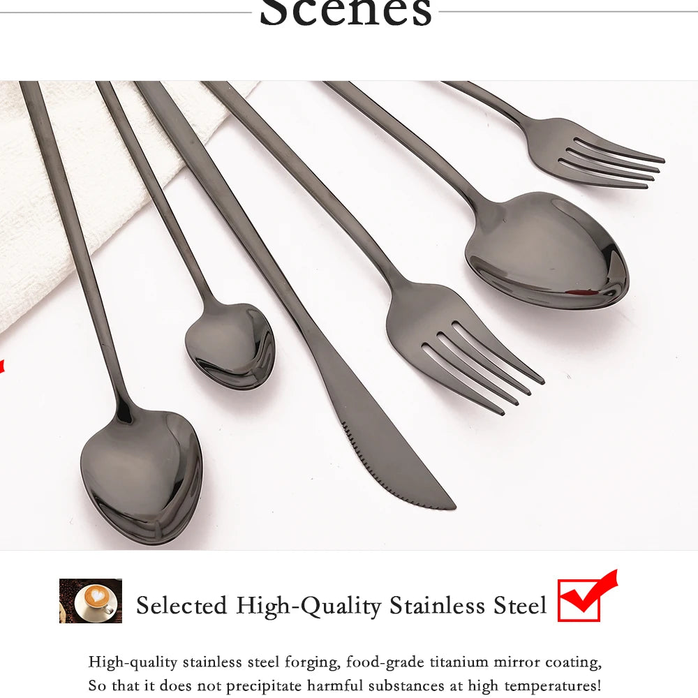 4Pcs Western Dinnerware Set Black 304 Stainless Steel Cutlery Kitchen Dinner Knife Fork Spoon Tableware Flatware Dishwasher Safe - Tegulane Global