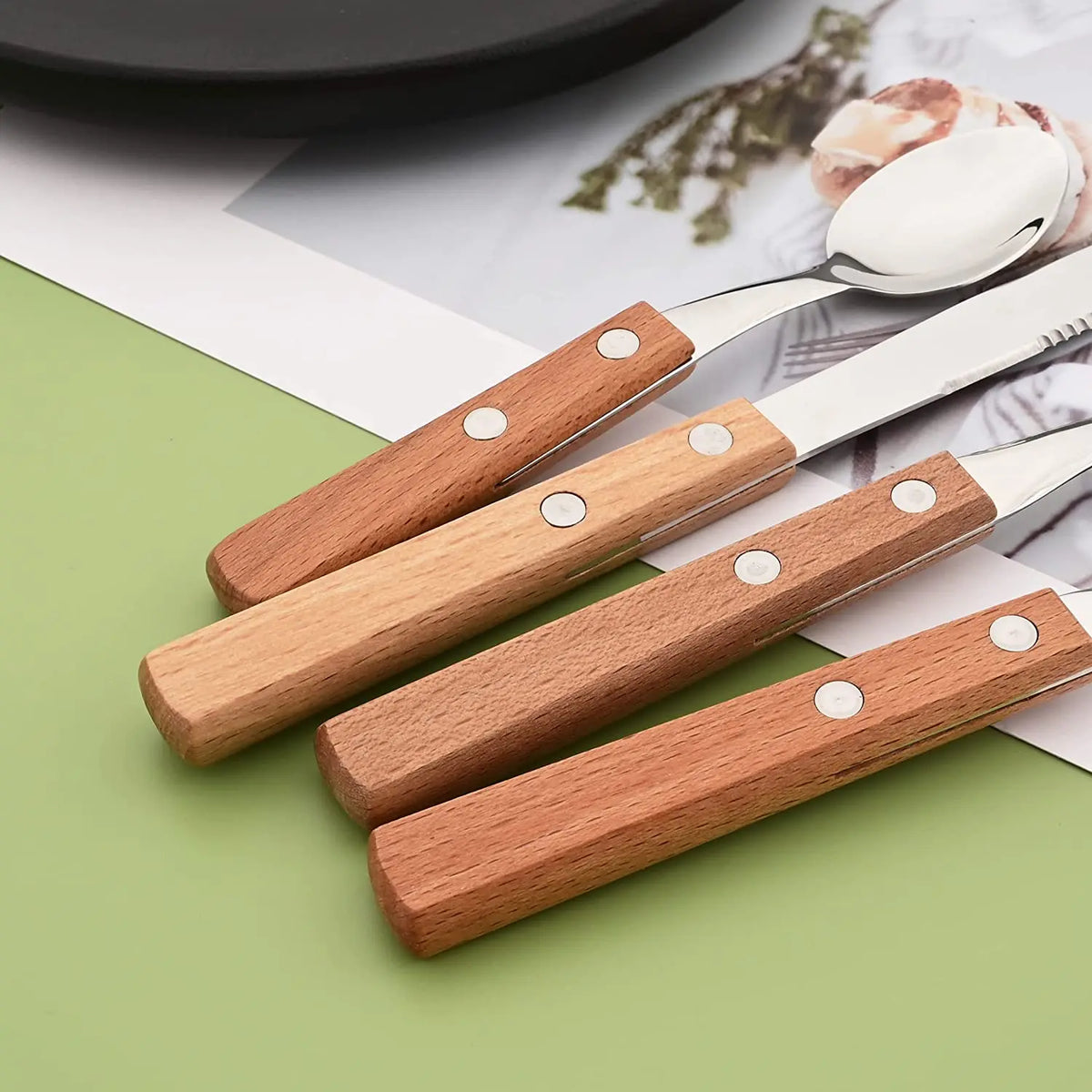 4Pcs Wooden Handle Cutlery Set Mirror 304 Stainless Steel Dinnerware Wood Handle Spoon Knife Fork Dinner Tableware Set Kitchen - Tegulane Global
