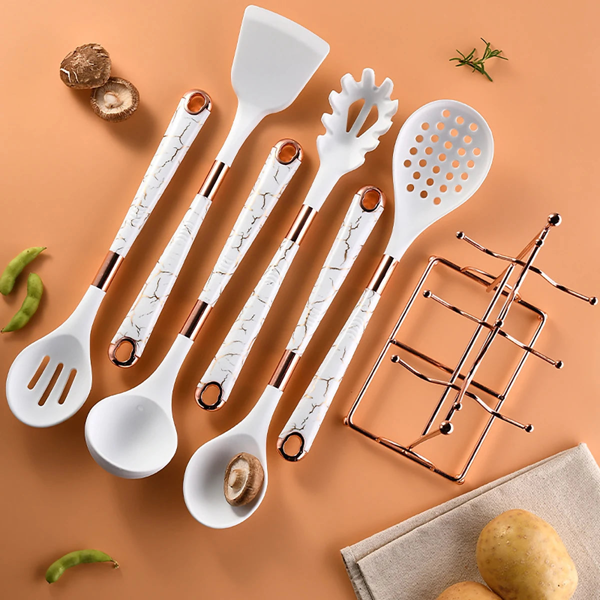 8pcs Silicone Kitchenware Set Pot Shovel Soup Spoon Spaghetti Claw Cooking Set with Storage Rack Household Kitchen Tools Set - Tegulane Global